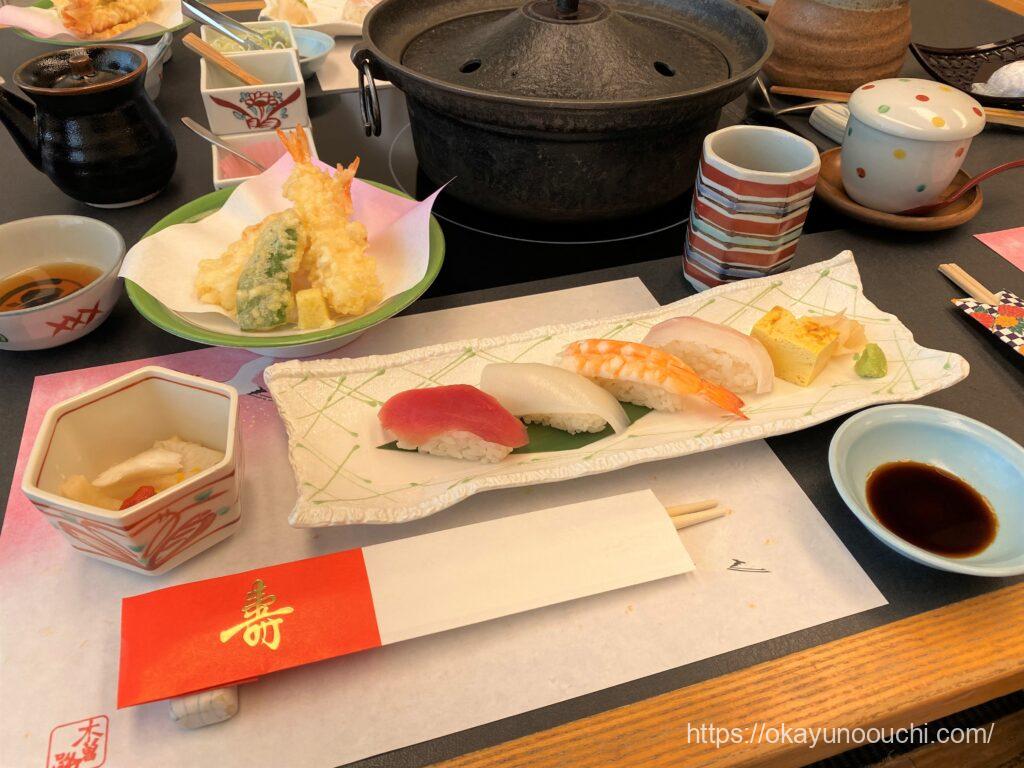 木曽路のしゃぶしゃぶコースの天ぷらとお寿司